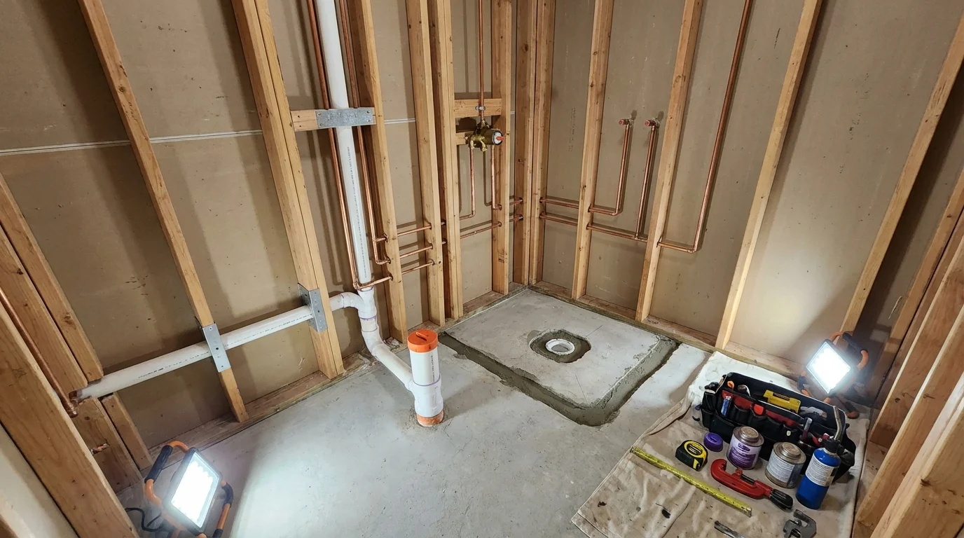 Bathroom rough-in plumbing during remodel by Johns Plumbing LLC in East Hartford