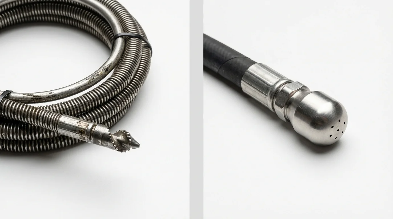 Drain snake cable and hydro jetting nozzle used for drain cleaning in East Hartford, CT