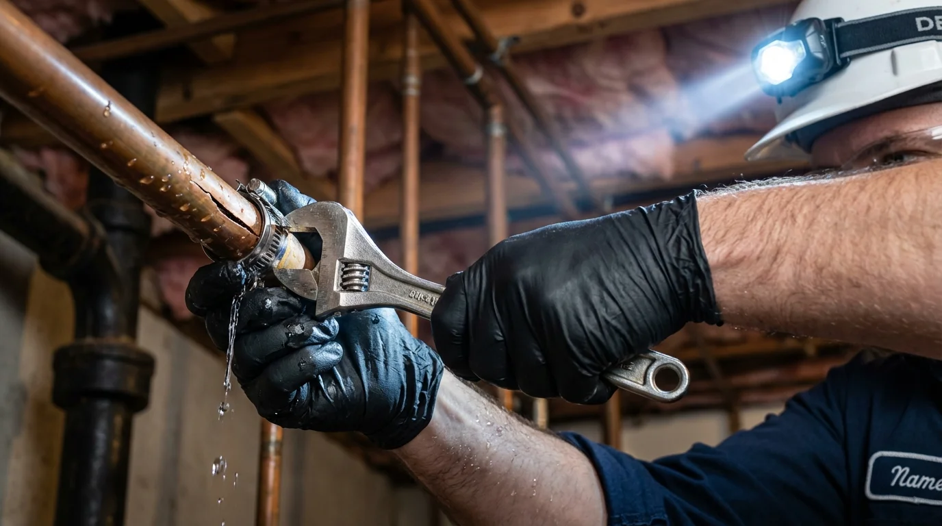 Emergency pipe clamp repair being performed by a Johns Plumbing LLC plumber in East Hartford