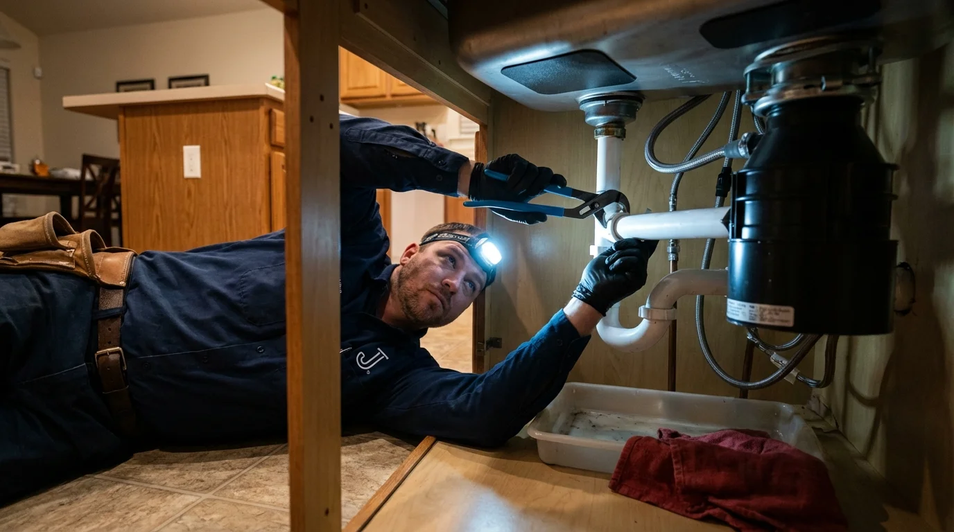 P-trap and supply line connections under a kitchen sink showing a common leak point in East Hartford, CT